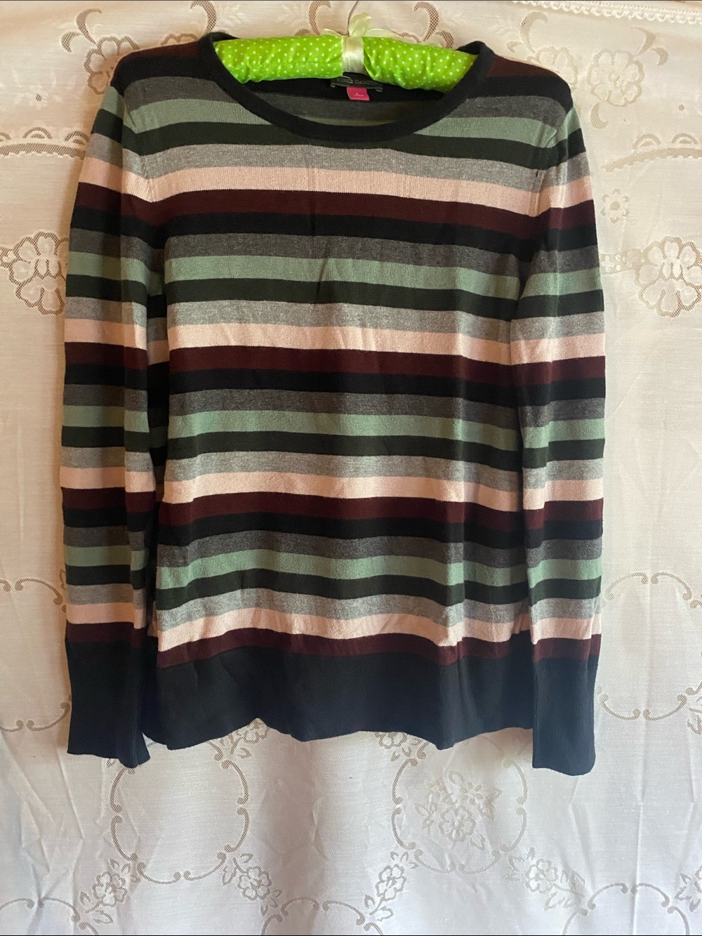 Striped Cotton Knit Sweater - Green, Black, Gray & Pink Large
